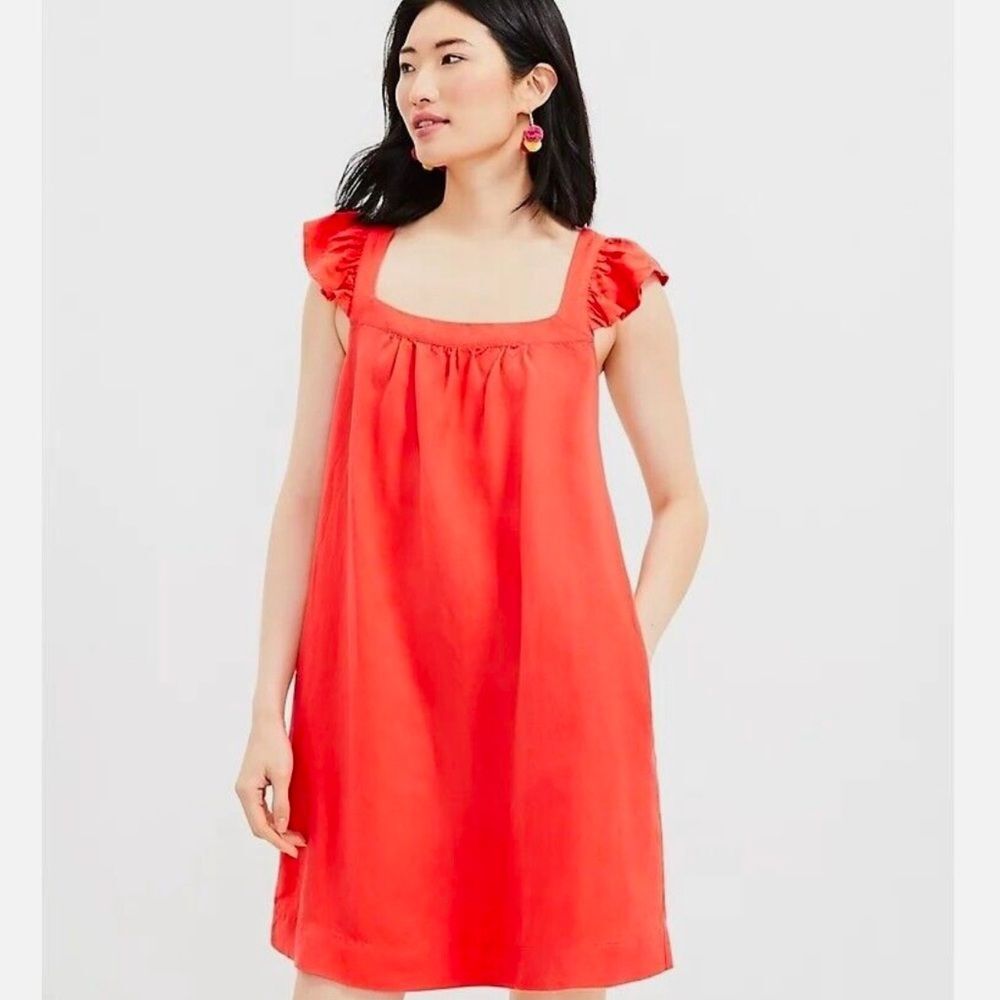 LOFT Flutter Sleeve Linen Blend Shift Dress Orange Red Belted Women’s Large NEW